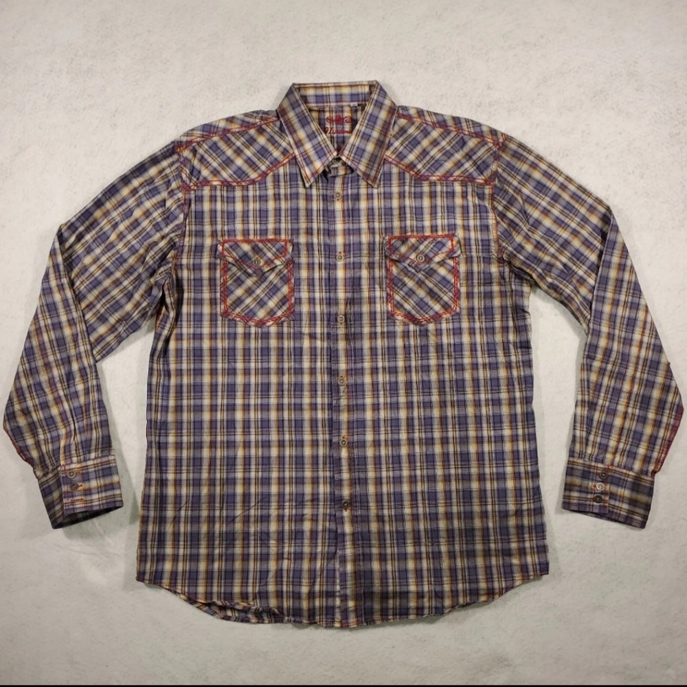191 Unlimited Men's Western Button Up Long Sleeve Shirt Size 2XL Blue Plaid Red